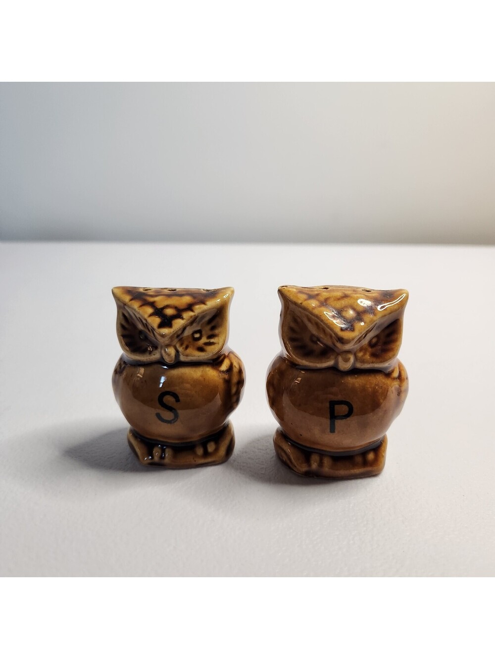 Vintage owl salt and pepper shakers brown ceramic pair